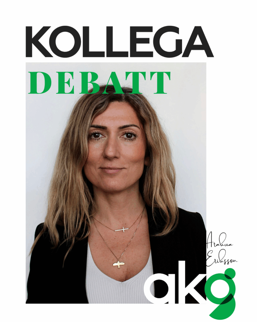 porträttbild på Aralia Eriksson. Vd på AKG Sverige. På bilden står det även Kollega Debatt och en AKG logo